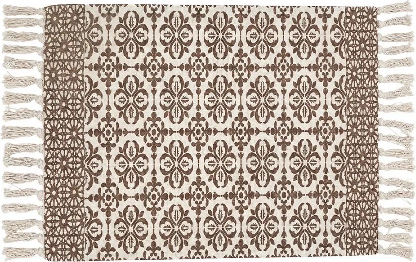 Béžovo-hnedý koberec s kvetinovým motívom a strapcami - 60*90 cm