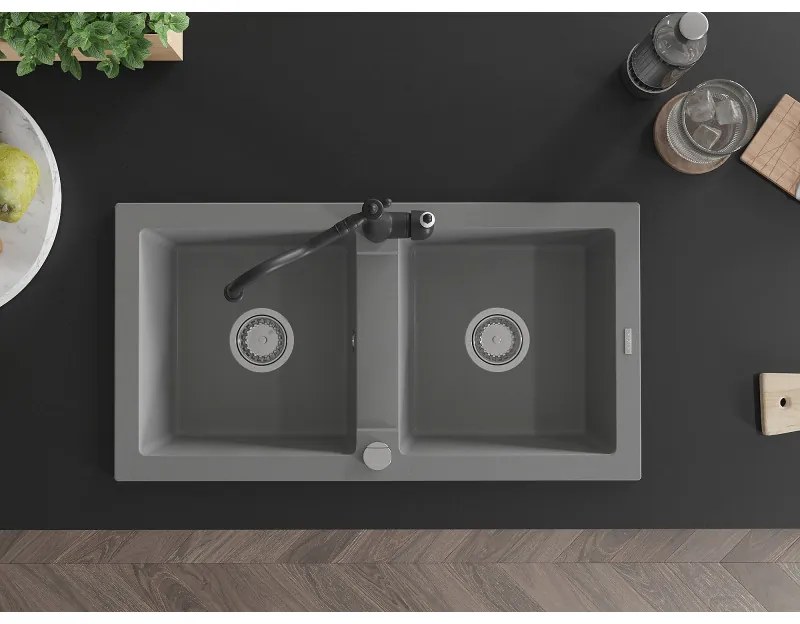 Mexen Mario, granitový drez 820x436x161 mm, 2-komorový a drezová batéria Carla, šedá, 6504-71-670700-70