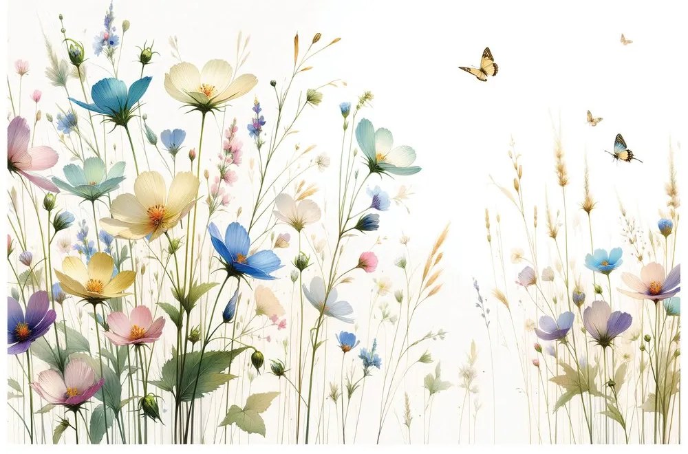 Tapeta pastelové kvety a lietajúce motýle