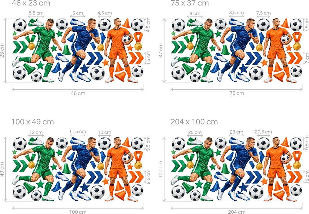 Traja futbalisti v akcii športové nálepky na stenu do študentskej izby hárok 46 x 23 cm