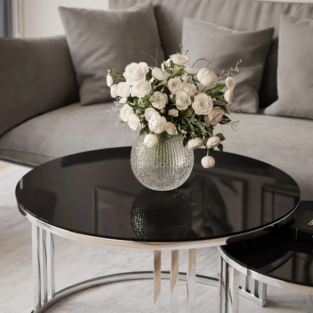 OKRÚHLY KONFERENČNÝ STOLÍK 2v1 LEONARDO 2 CHRÓM + ČIERNE SKLO