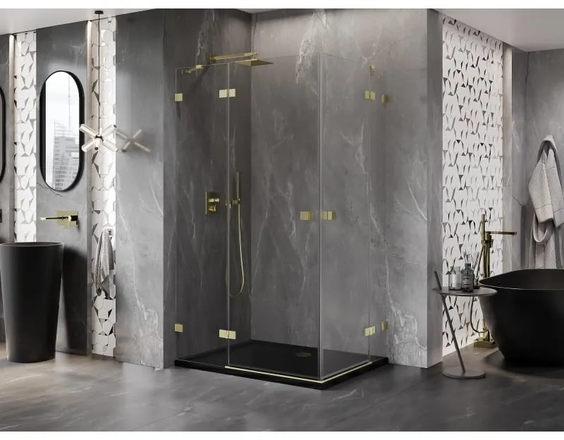 Mexen Lunar Duo, výklopný sprchový kút 90 x 70 cm, 8mm číre sklo, zlatý matný profil, 834-090L-070P-55-00