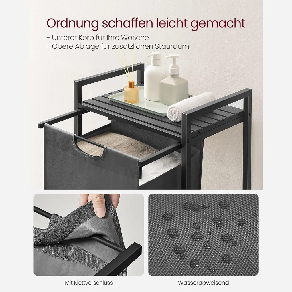 Kôš na bielizeň, s policou, kovový rámom, sivý