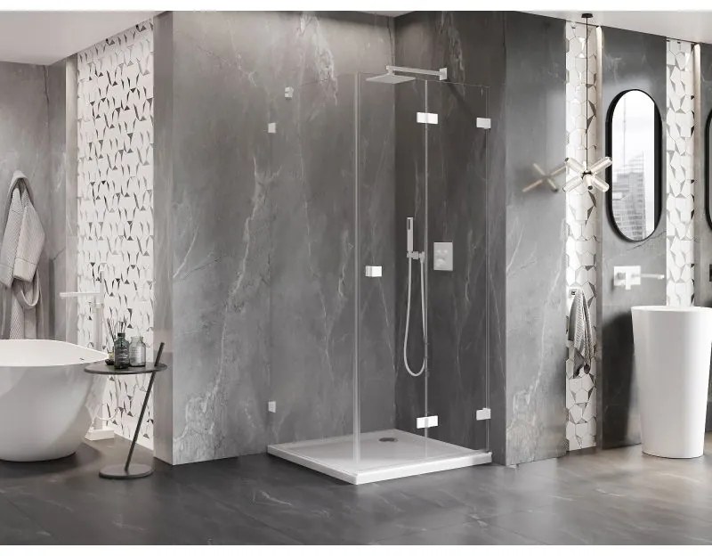 Mexen Lunar-F, 1-krídlový sprchový kút so skladacími dverami, pravý, 90 x 90 cm, 8mm číre sklo, biely profil, 836-090-090-20-00-P