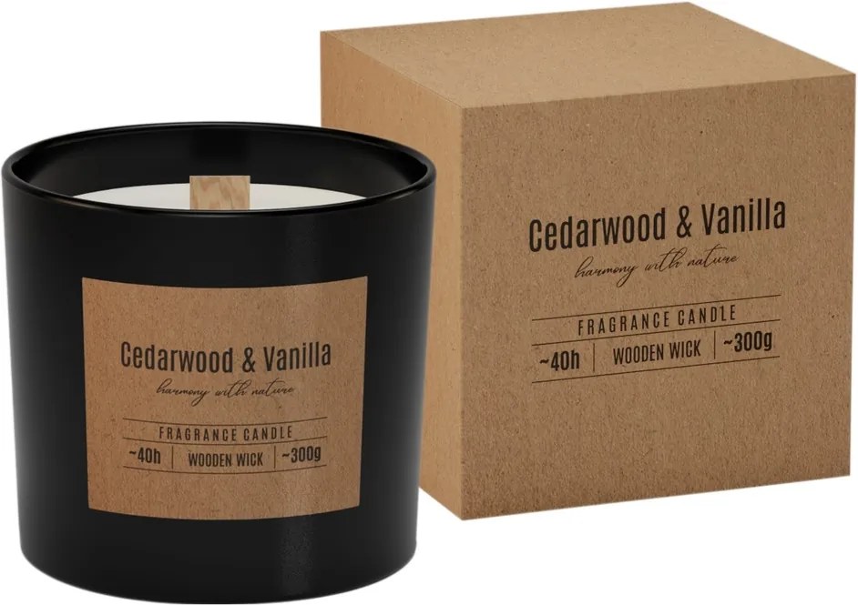 Vonná sviečka v skle s dreveným knôtom Cedarwood & Vanilla 300g, 11 cm