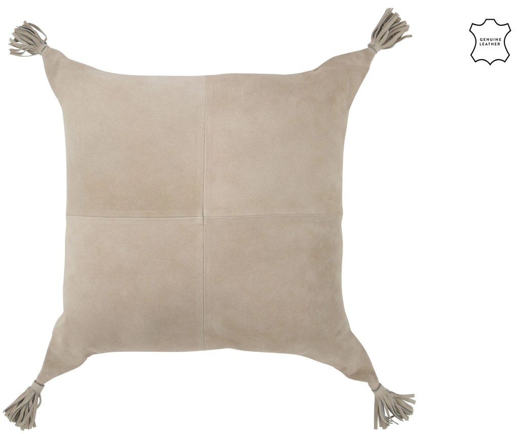 Šedý kožený vankúš so strapcami Tasse - 45*8*45 cm