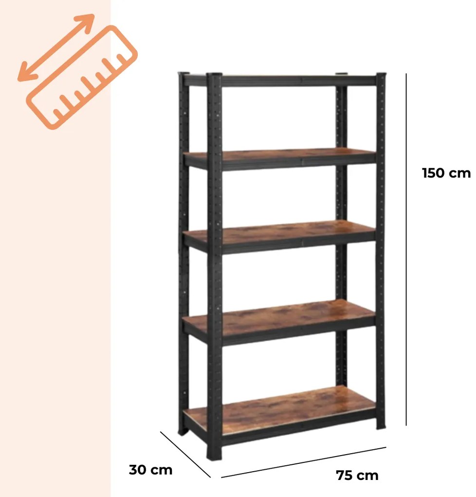 Policový regál DUSTY,5 políc, max 650kg, čierna/hnedá Jurhan