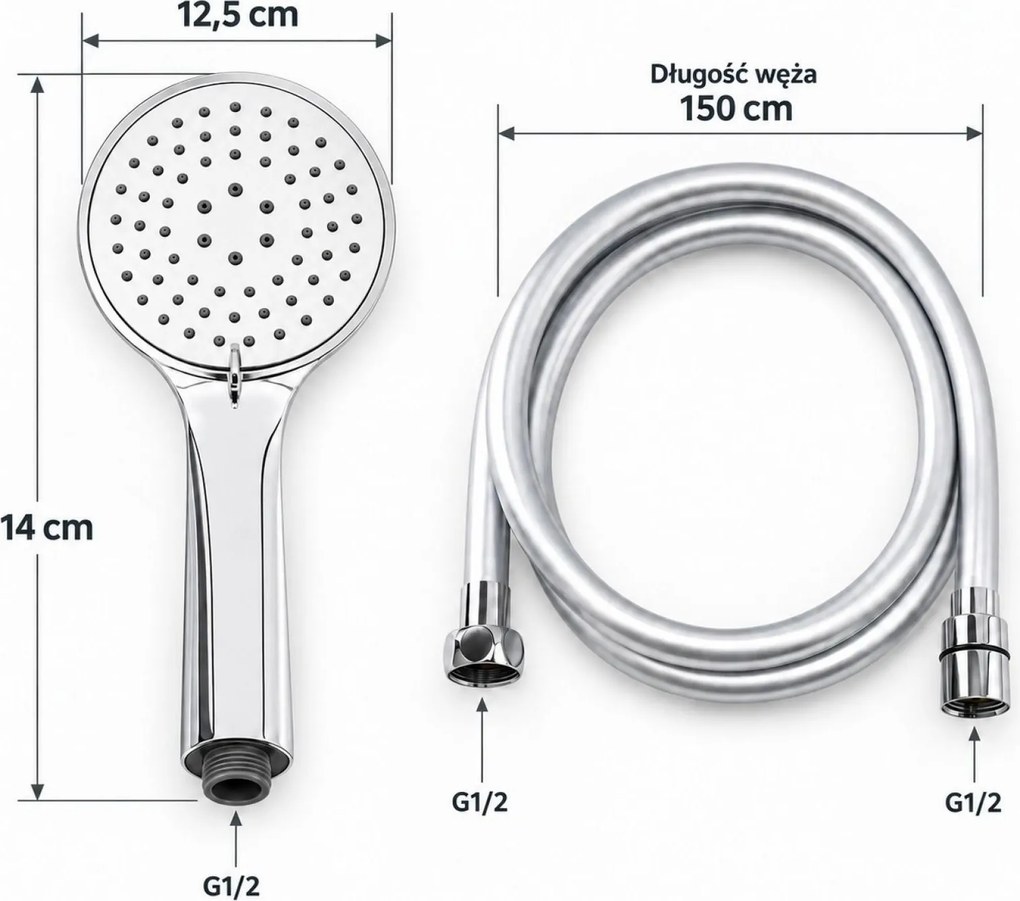 Erga Wemi, 3-funkčná ručná sprcha s hadicou 150 cm, 12,5 × 14 cm, chrómová, ERG-YKA-BP.WEMI-CHR