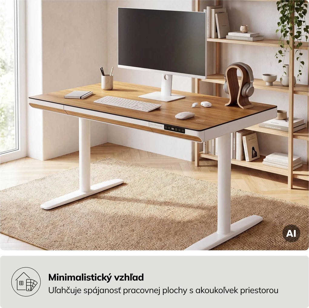 Elektrický písací stôl sit-stand so zásuvkou a bezdrôtovou nabíjačkou Qi biely/zlatý dub, 1200 mm: ELLIS