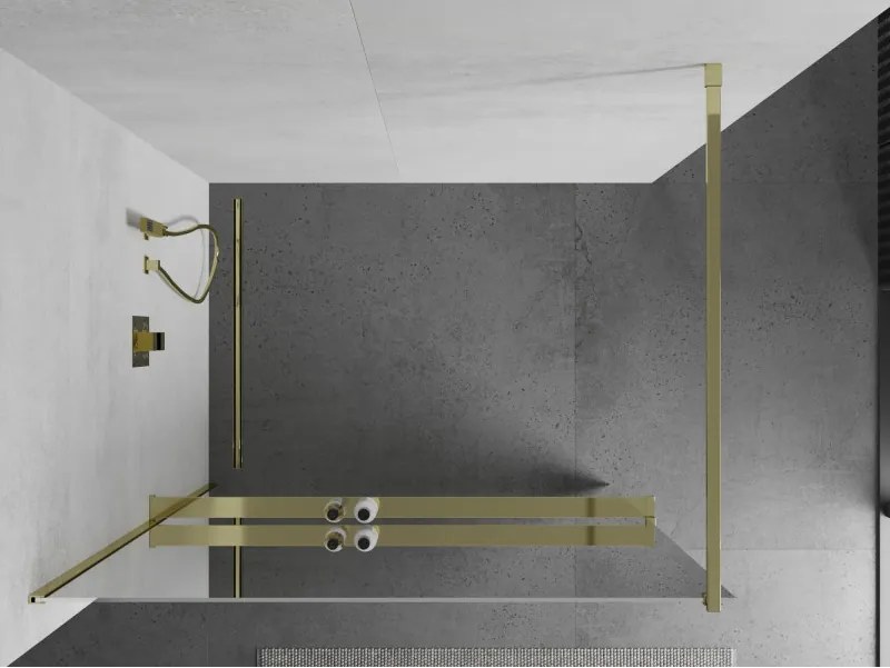 Mexen Kioto+, sprchová zástena s poličkou a držiakom na uteráky 80 x 200 cm, 8mm sklo vzor zrkadlo, zlatý profil, 800-080-121-50-50