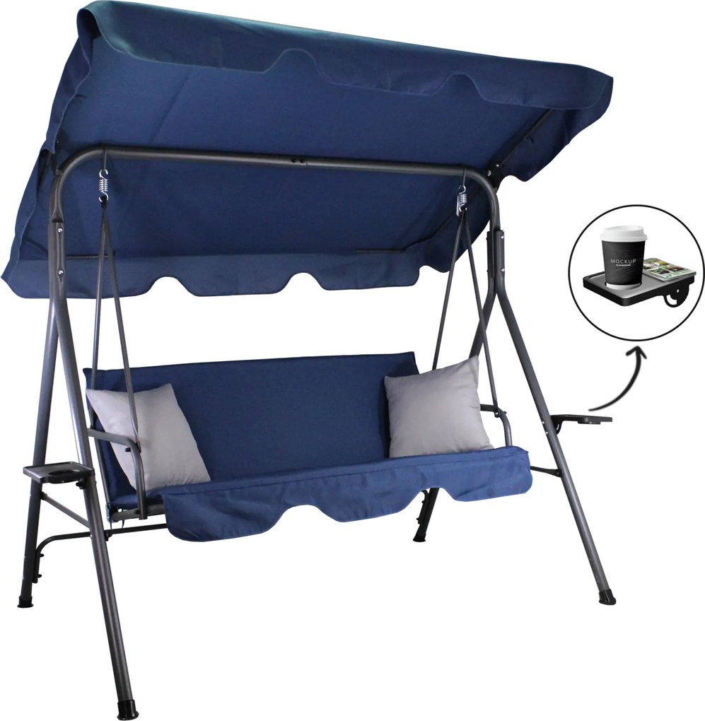 Garden Line ZÁHRADNÁ HOJDAČKA TYPU A 170 x 118 x 153 cm NÁMORNÍCKA MODRÁ S ŠEDÝMI VANKÚŠMI A DRŽIAKMI NA POHÁRE