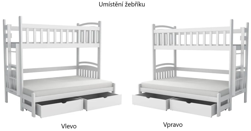 Detská poschodová posteľ z masívu borovice s rozšíreným spodným lôžkom LUKÁŠ so šuplíkmi - 200x90/140 cm - BIELA