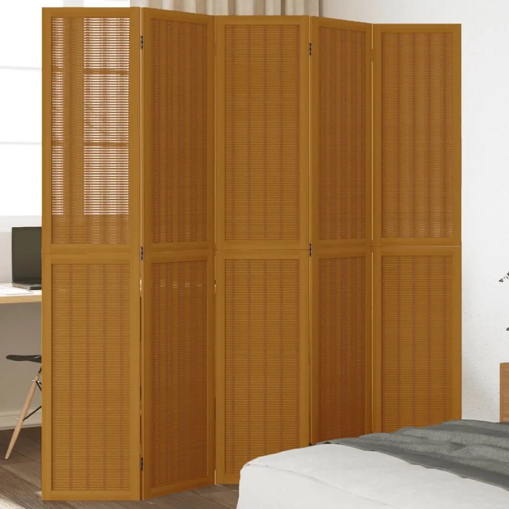 Paraván, 5 panelov, hnedý, masívne drevo paulovnie 358823