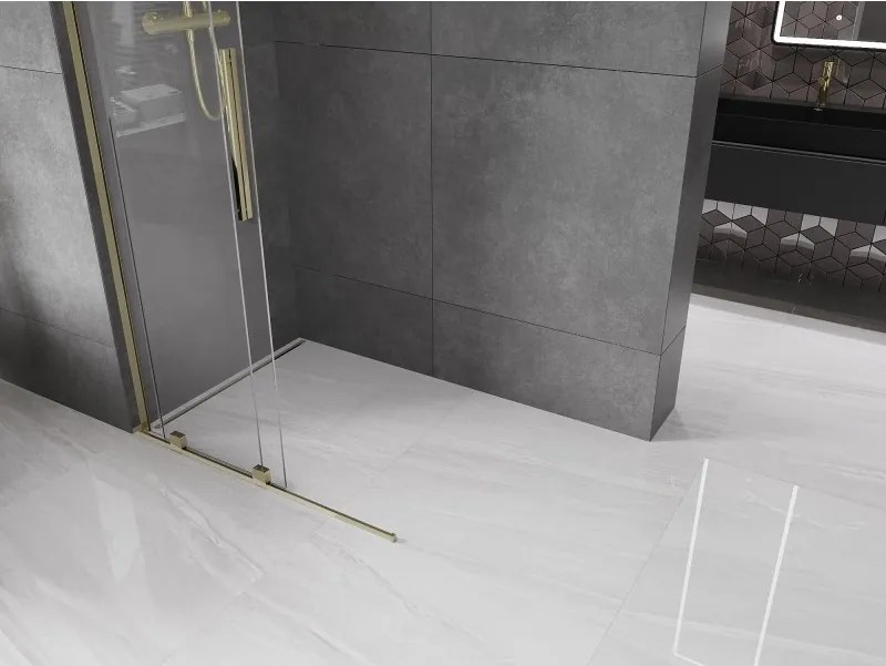 Mexen Velar L, posuvná sprchová zástena Walk-in 110 x 200 cm, 8mm číre sklo, zlatá lesklá, 871-110-003-03-50