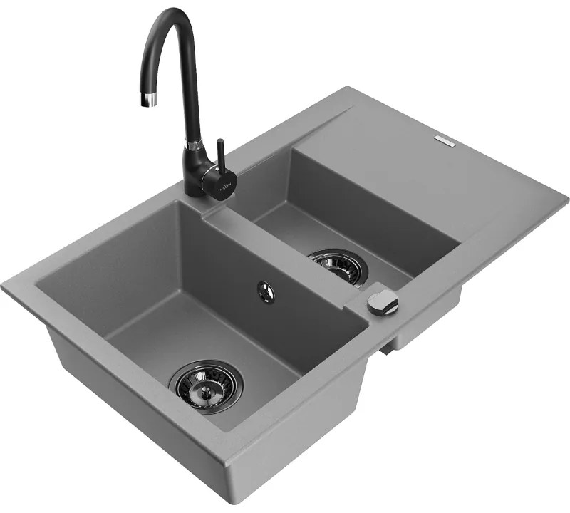Mexen Gaspar, granitový drez 737x475x177 mm, 1,5-komorový a čierna batéria Telma, šedá, 6507-71-670200-70-B
