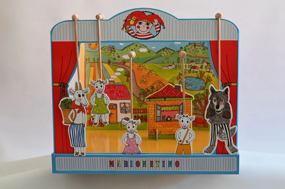 MARIONETINO Bábkové divadlo so zvieratkami – prasiatka a kozliatka (kompletný set, 15 bábok)