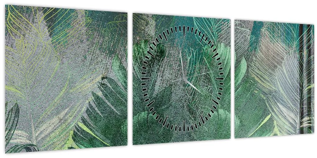 Obraz - Betónová textúra s listami (s hodinami) (90x30 cm)