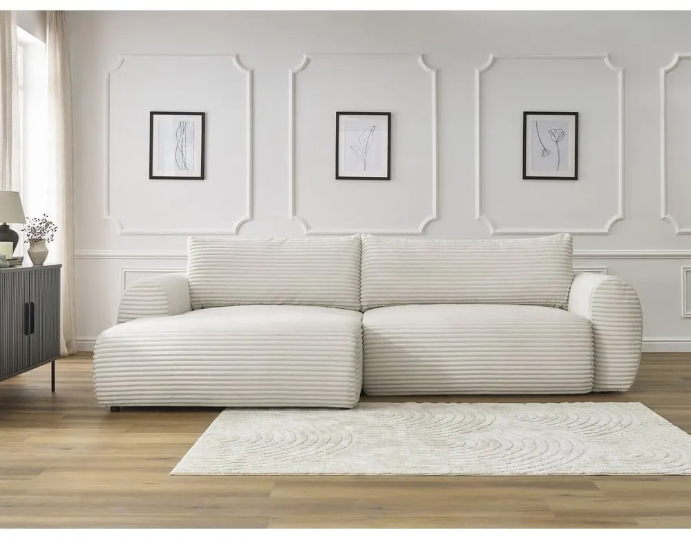 Krémová menčestrová rozkladacia rohová pohovka (ľavý roh) Lucien – Bobochic Paris