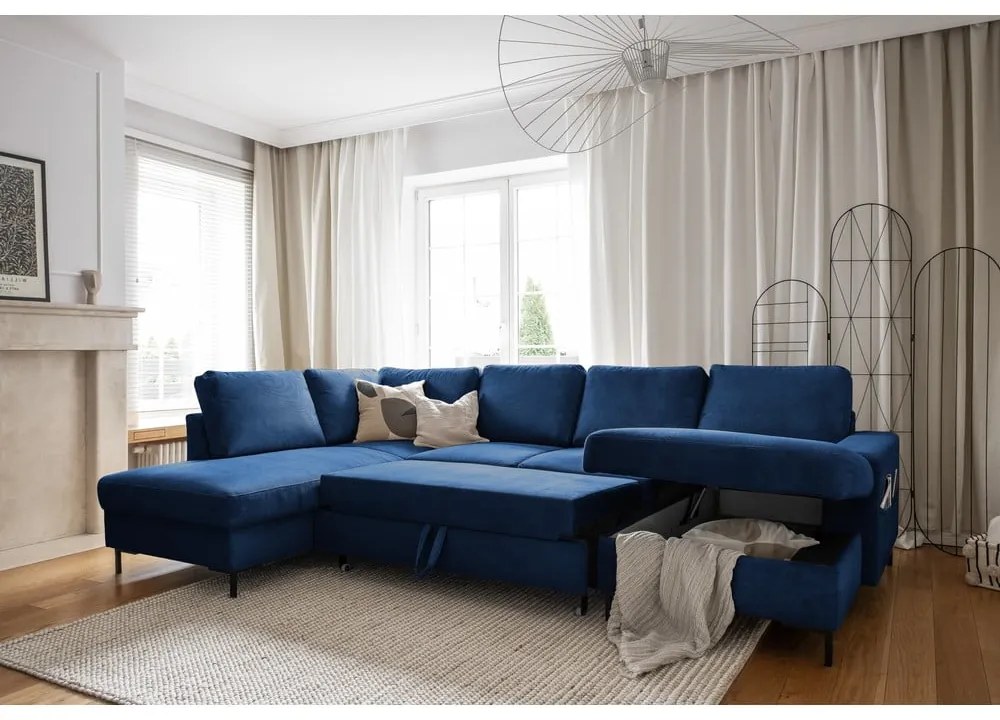 Tmavomodrá menčestrová rozkladacia rohová pohovka (ľavý roh) Lofty Lilly – Miuform