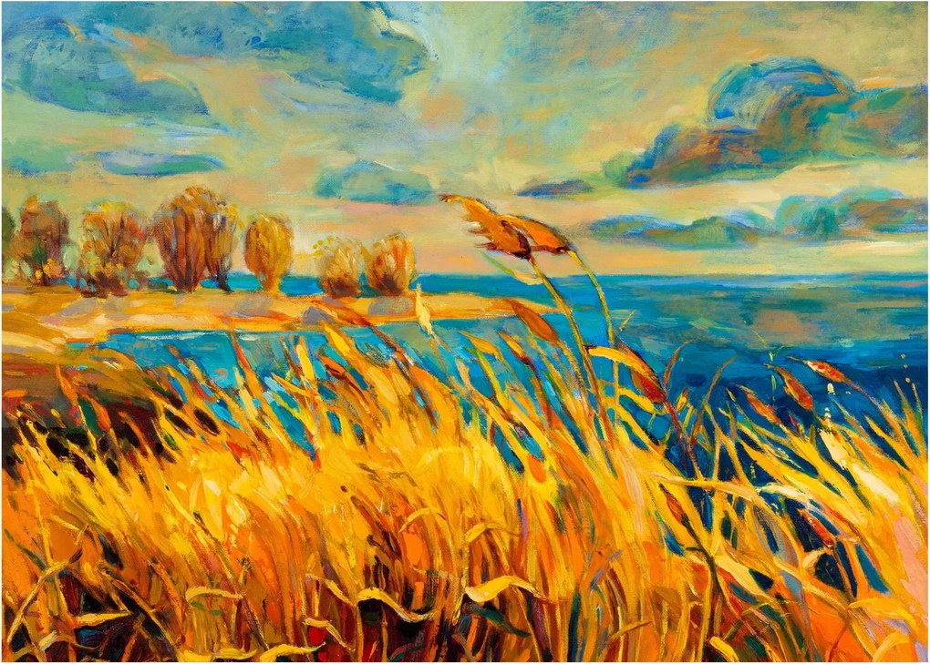 Sklenený obraz - Západajúce slnko nad jazerom, akrylová maľba (70x50 cm)