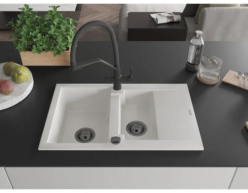 Mexen Gaspar, granitový drez 737x475x177 mm, 1,5-komorový a drezová batéria Duo, biela, 6507-20-671701-70-B
