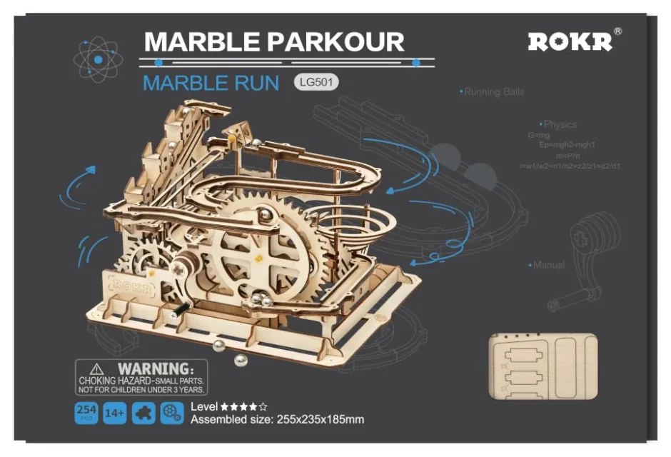 Robotime 3D drevené mechanické puzzle Kuličková dráha Marble Parkour 254 ks