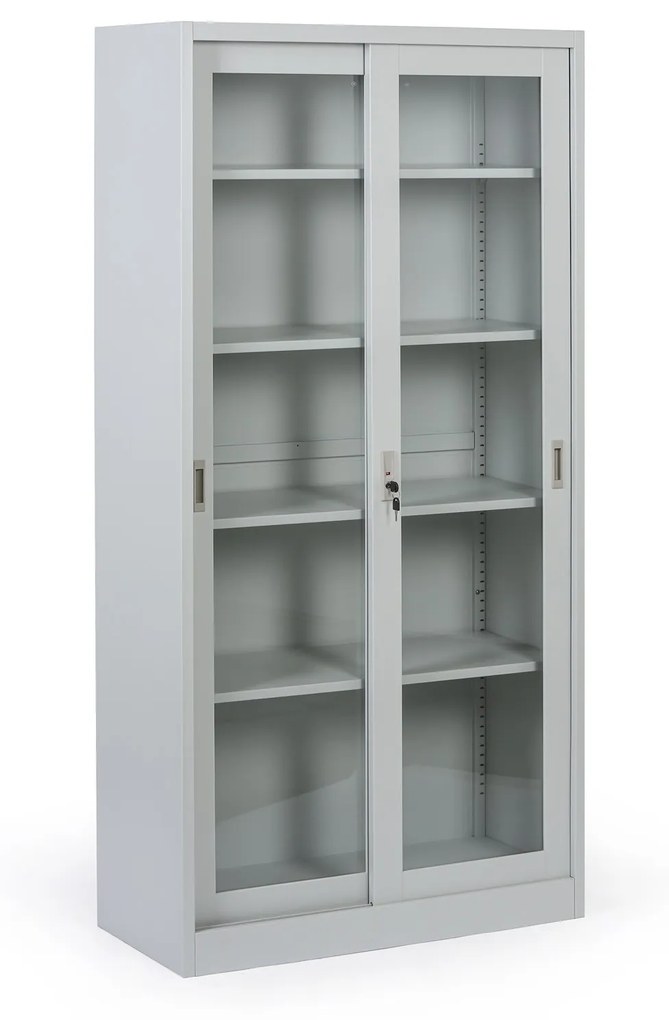 Kovová policová skriňa s presklenými posuvnými dverami, demontovaná, 900 x 1850 x 400 mm