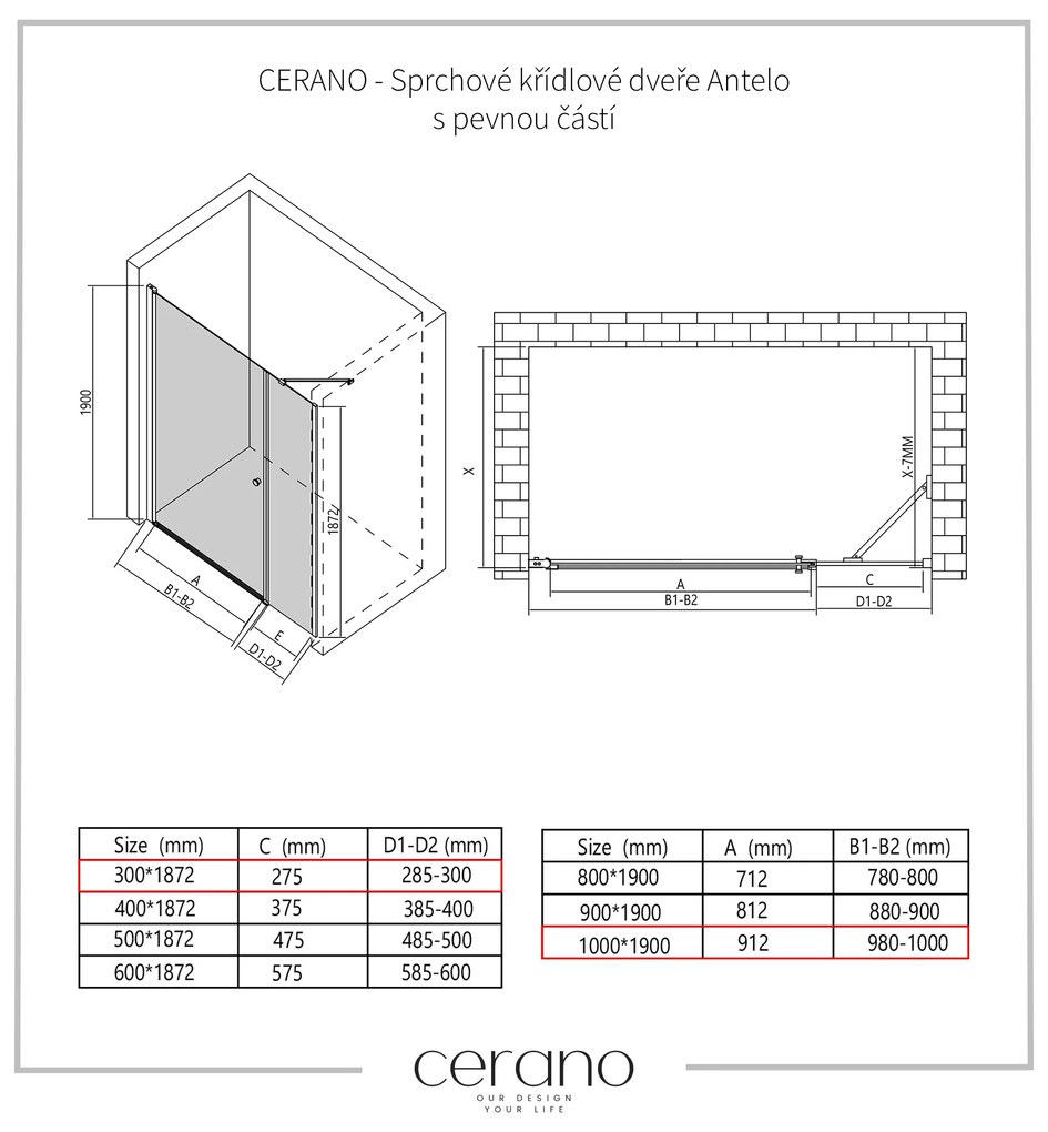 Cerano Antelo, 1-krídlové sprchové dvere s pevnou časťou 100(dvere) x 30(stena) x 190 cm, 6mm číre sklo, čierny profil, CER-CER-435818