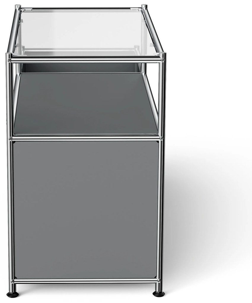 Kovová nízka skrinka »CN3« s výklopným priečinkom a sklenenou doskou, sivá