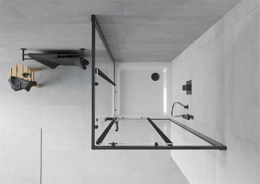 Mexen Rio, štvorcový sprchovací kút s posuvnými dverami 80 (dvere) x 80 (dvere) x 190 cm, 5mm číre sklo, čierny profil + biela sprchová vanička SLIM, 860-080-080-70-00-4010B