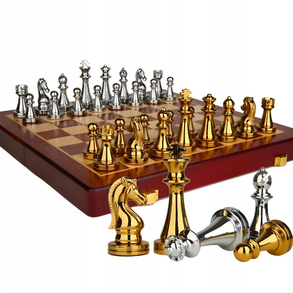 Drevené šachy s kovovými figúrkami Hnedá KP-40058