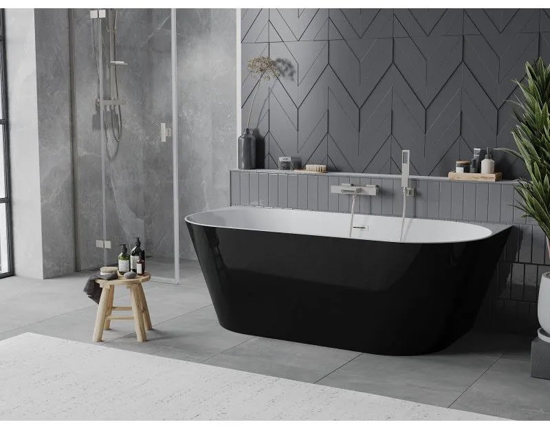 Mexen Oval Slim, voľne stojaca vaňa ku stene, 170 x 80 cm, biela-čierna, oceľový prepad, 52661708075-97