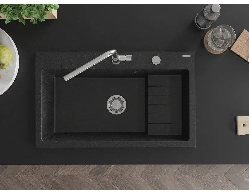 Mexen Omar, 1-komorový granitový drez 800x480x210 mm, čierna-strieborná metalíza, chrómový sifón, 6520801005-73