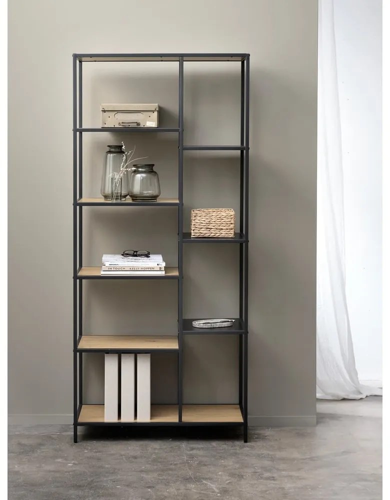 Čierna/v prírodnej farbe knižnica v dekore duba 80x180x35 cm Altino – Unique Furniture