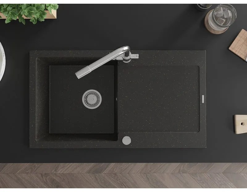 Mexen Leo, drez granitový 900x500x190 mm, 1-komorový a chrómová batéria Duero, čierna-zlatá metalíza, 6501-75-671600-00