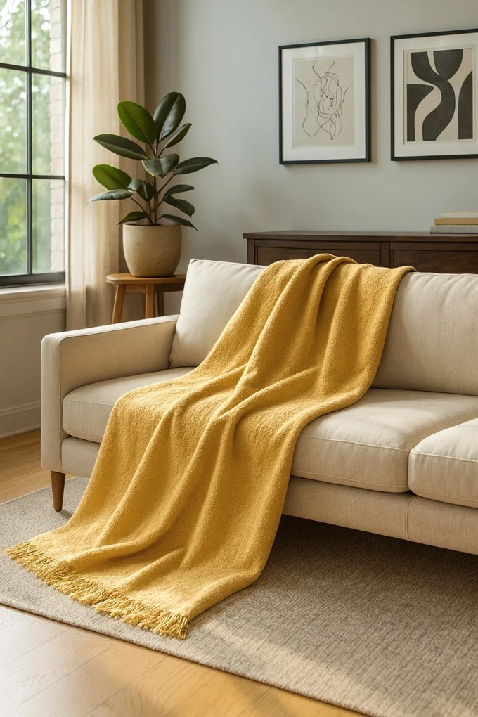 BAVLNENÁ DEKA BAT 150X200 CM HORČICOVÁ