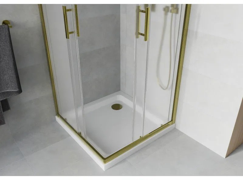 Mexen Rio, štvorcový sprchovací kút s posuvnými dverami 90(dvere) x 90(dvere) x 190 cm, 6mm sklo námraza, zlatý profil + biela sprchová vanička SLIM, 860-090-090-50-30-4010G