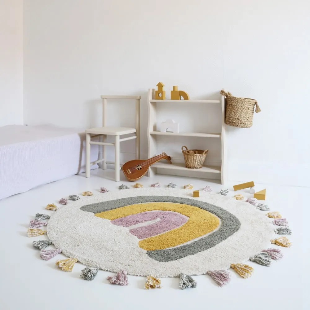 Krémový umývateľný ručne tkaný bavlnený detský koberec ø110 cm Rainbow Moss – Nattiot