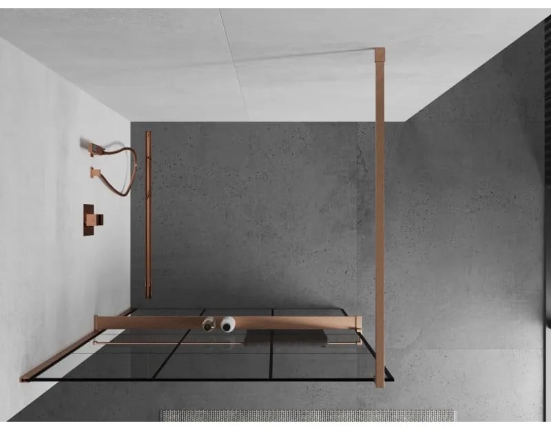 Mexen Kioto+, sprchová zástena Walk-In s poličkou a vešiakom 120 x 200 cm, 8mm číre sklo čierny vzor, medený matný profil, 800-120-121-65-77