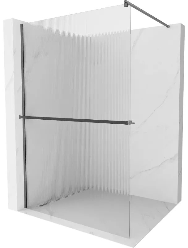 Mexen Kioto+, sprchová zástena Walk-In s poličkou a vešiakom 90 x 200 cm, 8mm sklo s rebrovým vzorom, grafitový profil, 800-090-121-66-09