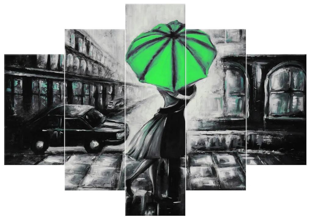 Gario Ručne maľovaný obraz Zelený bozk v daždi - 5 dielny Rozmery: 150 x 70 cm