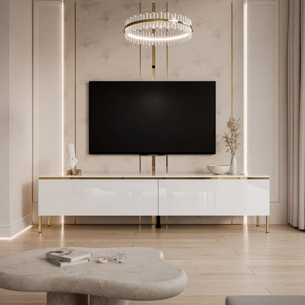 TV STOLÍK NESSIE 2 NA NOŽIČKÁCH BIELY LESK + ZLATÝ 180 cm
