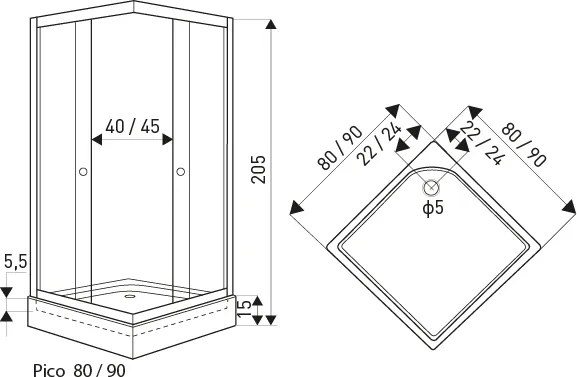 Novoterm Štvorcový sprchový kút NV-Pico 90x90 satén/transparent + vanička