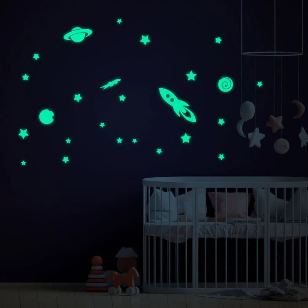 Sada nástenných detských svietiacich samolepiek Ambiance Rockets Stars and Planets