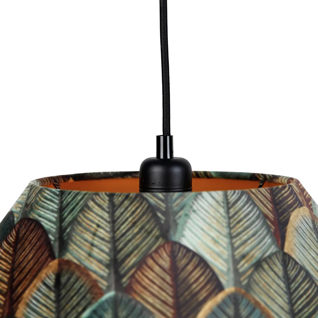 Závesná lampa čierna s dvojitým zamatovým tienidlom s dizajnom listov a béžovou farbou 2-svetlá - Cava Luxe