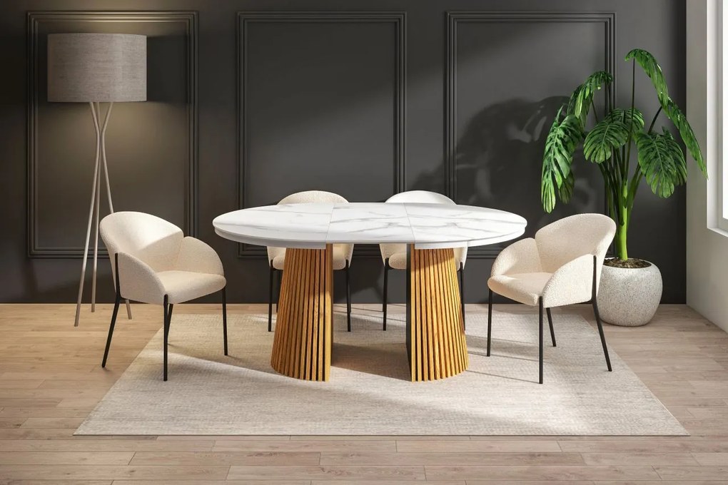 Vintino Jedálenský stôl NEVIO 120–160–200 × 120 cm – biely mramor / dub