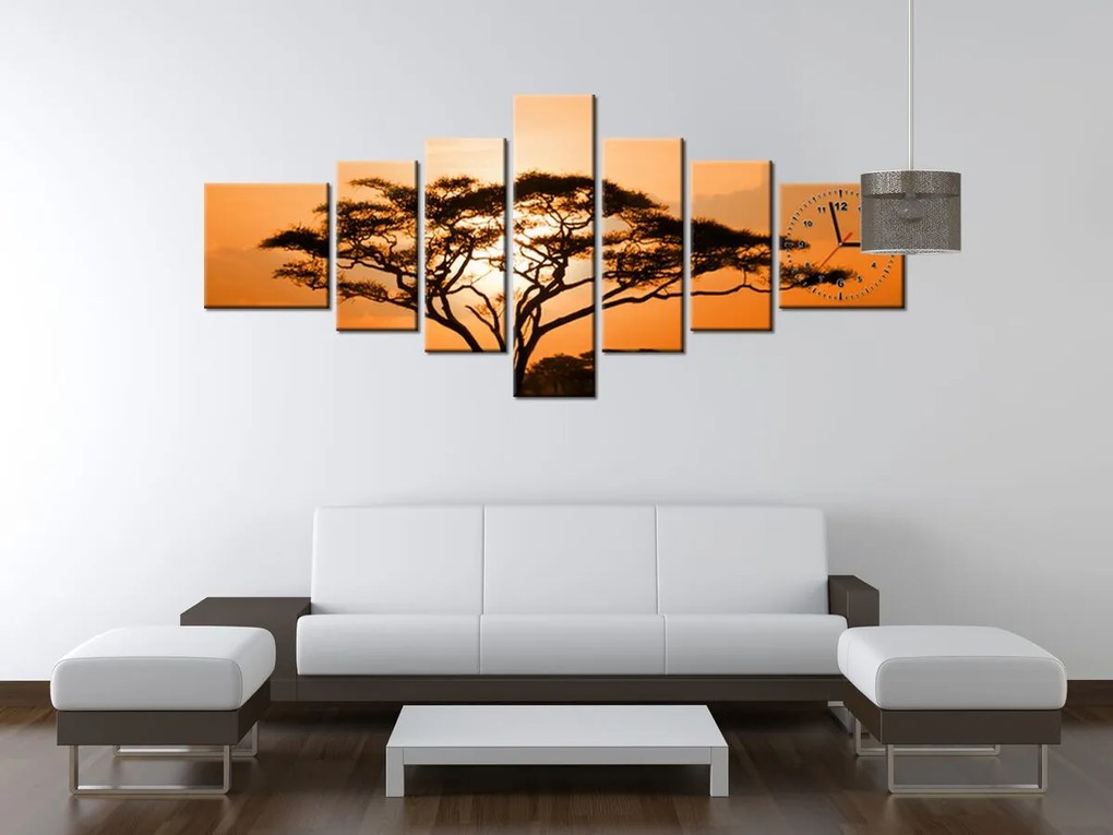 Gario Obraz s hodinami Nádherná africká krajina - 7 dielny Rozmery: 210 x 100 cm