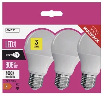 EMOS Súprava 3x LED žiarovka CLS A60, E27, 9W, neutrálna biela / denné svetlo