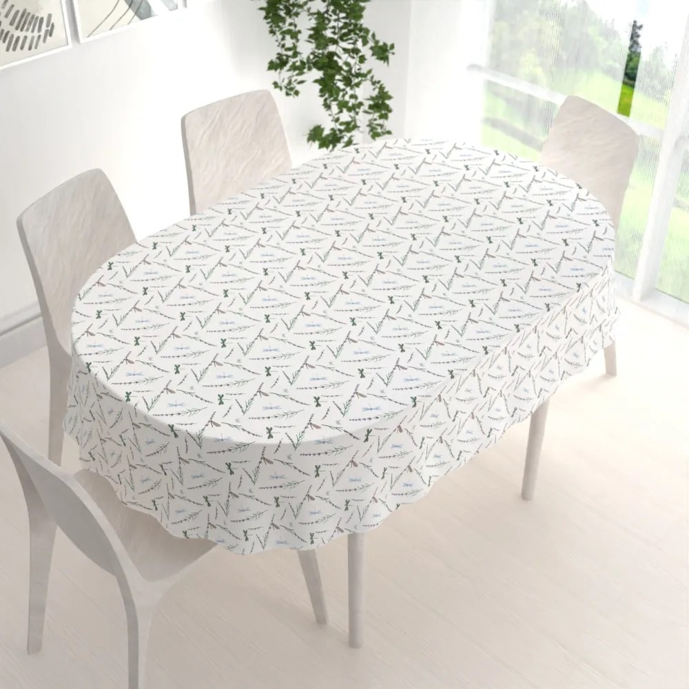 Biante Bavlnený oválny obrus Sandra SA-560 Vážky a levandule na bielom 120x140 cm
