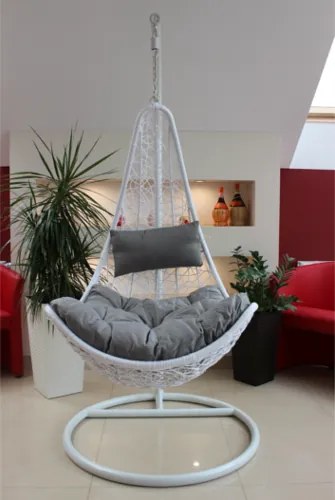 Garden Line BIELA ZÁVESNÁ STOLIČKA, VANKÚŠ – TMAVOSIVÁ, RÁM – BIELY, POLOVICA